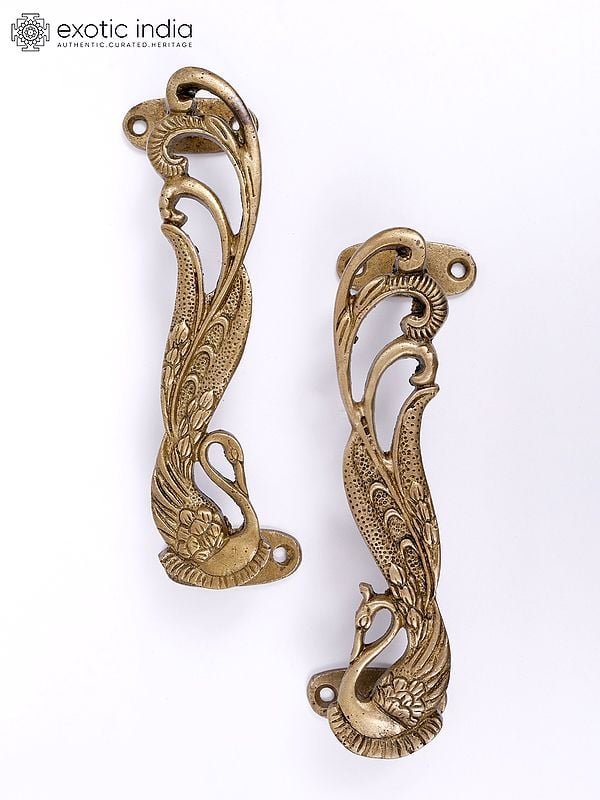Exotic India 7" Pair Of Swans Brass Door Handles 
