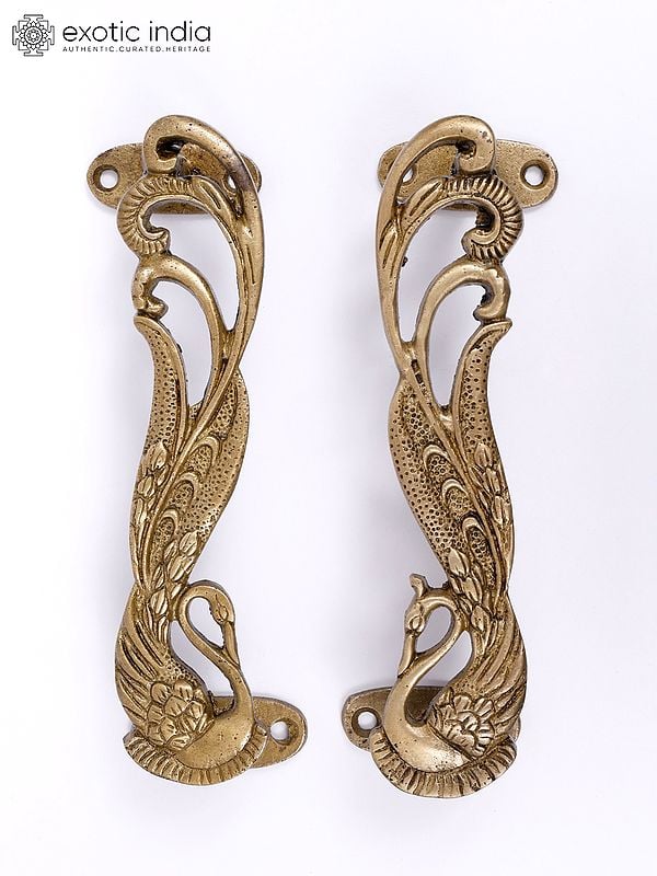 exotic india 7" Pair of Swans Brass Door Handles 