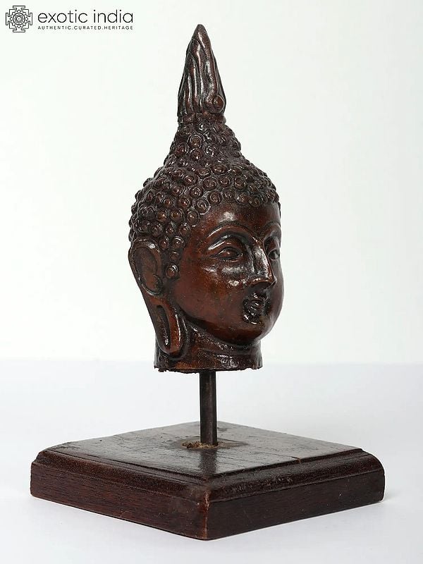 Exotic India 7" Thai Buddha Head On Wooden Stand 