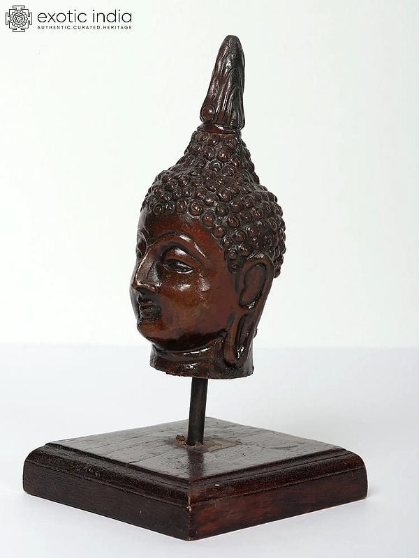 Exotic India 7" Thai Buddha Head On Wooden Stand 