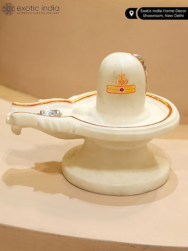 Exotic India 8" White Marble Shivalinga With Snakes 