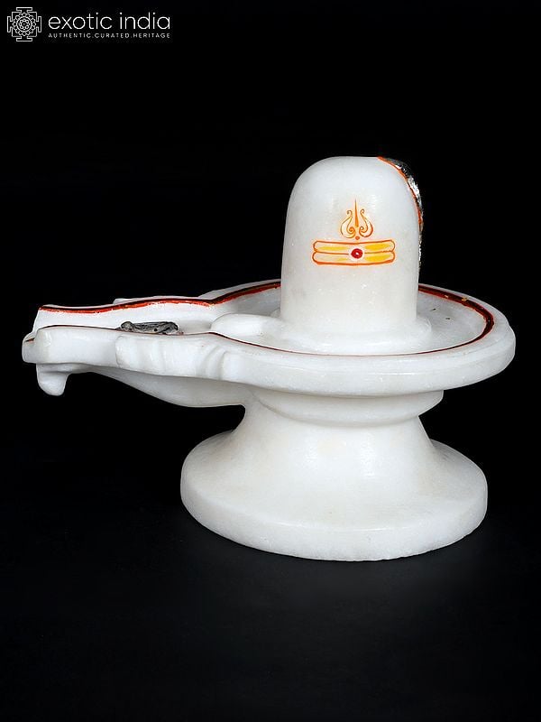 Exotic India 8" White Marble Shivalinga With Snakes 