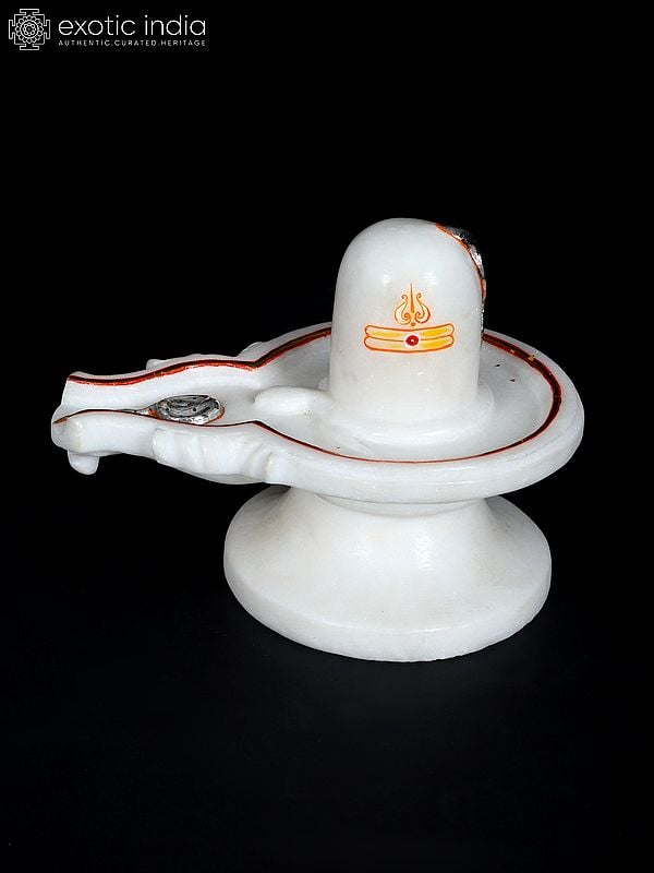exotic india 8" White Marble Shivalinga with Snakes 
