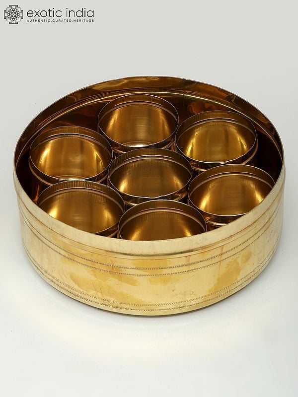 Exotic India 9" Brass Round Masala Box | Kitchen Item