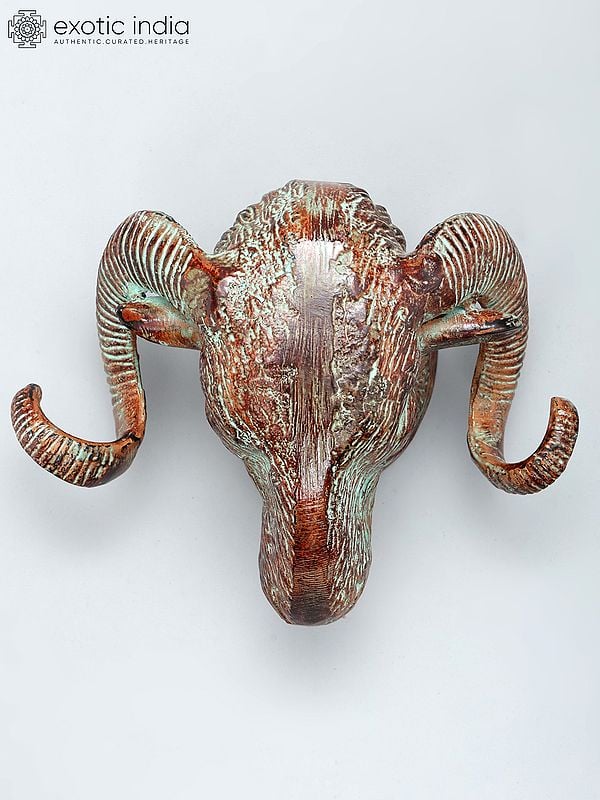 Exotic India 9" Brass Sheep Head | Wall Hanging