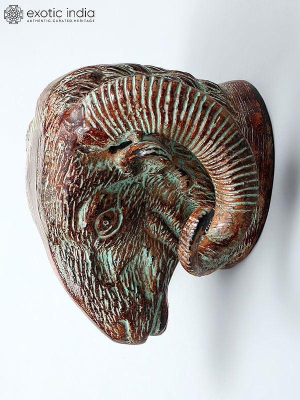 Exotic India 9" Brass Sheep Head | Wall Hanging