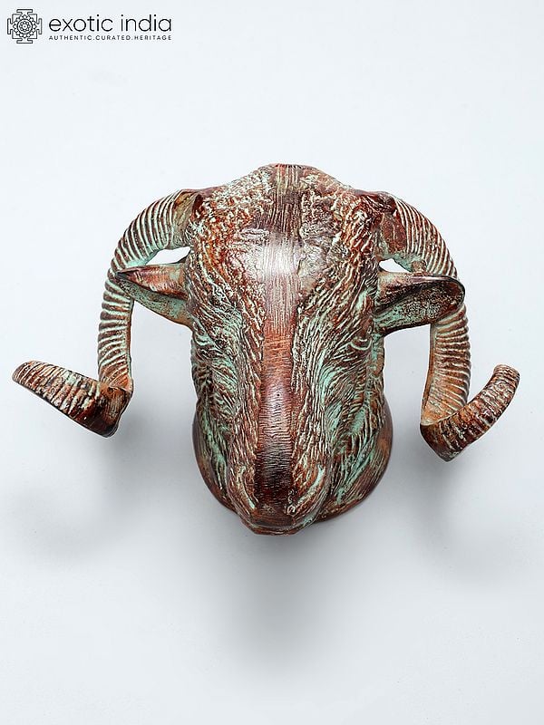 Exotic India 9" Brass Sheep Head | Wall Hanging