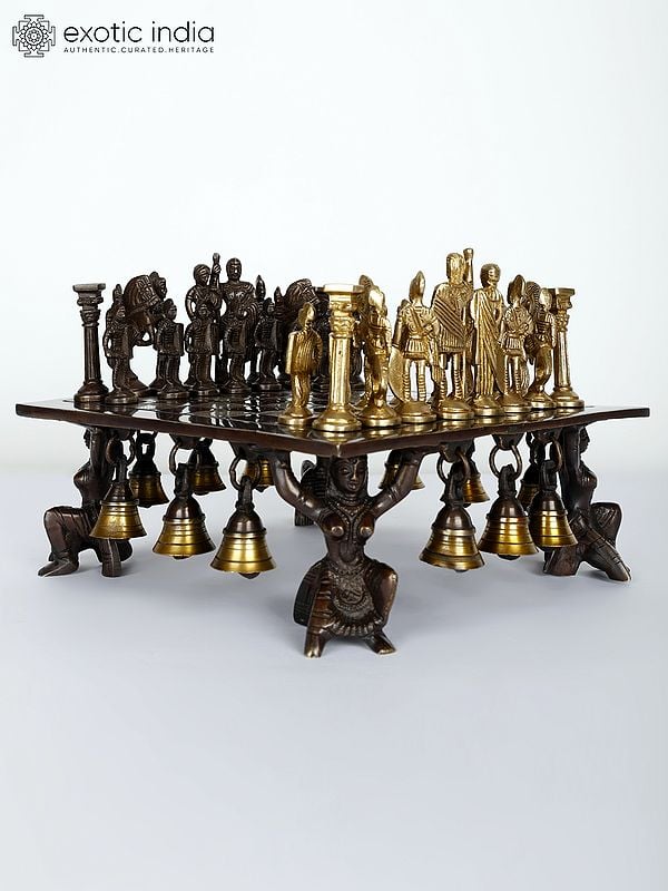 Exotic India 9" Designer Brass Chess With Figures
