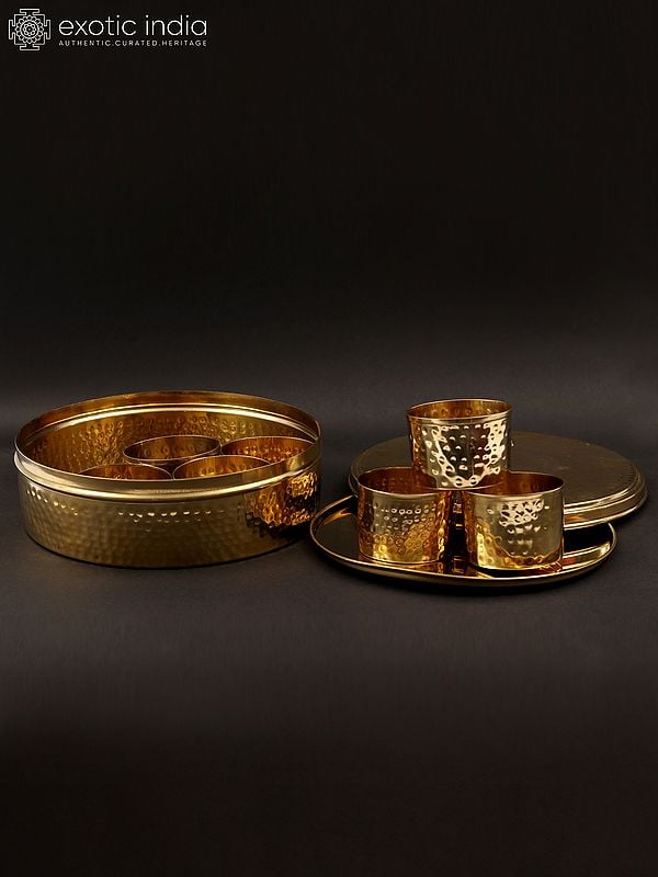 Exotic India 9" Designer Masala/Spice Box In Brass