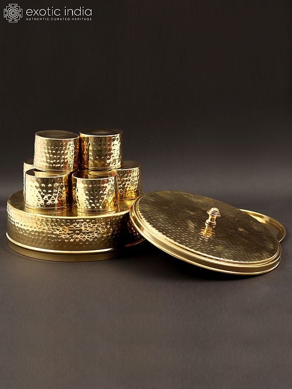 Exotic India 9" Designer Masala/Spice Box In Brass