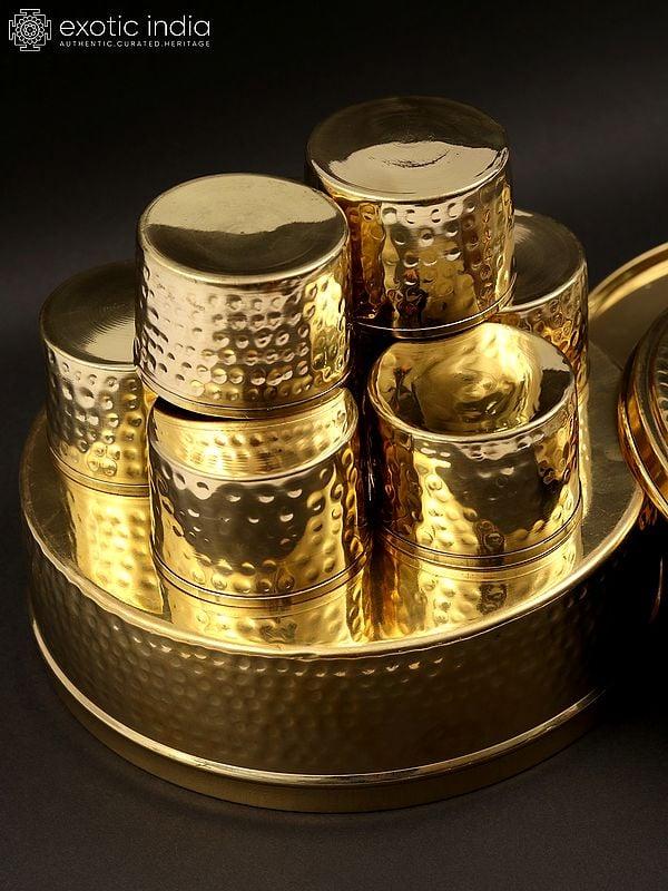 Exotic India 9" Designer Masala/Spice Box In Brass