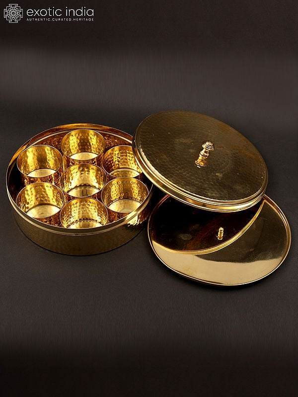 exotic india 9" Designer Masala/Spice Box in Brass 