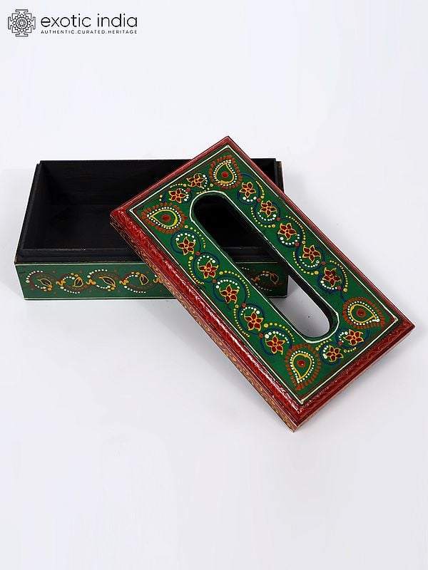 Exotic India 9" Hand-Painted Wooden Tissue Box 