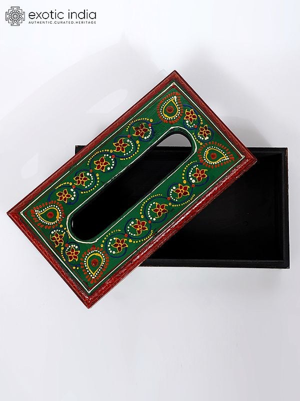 Exotic India 9" Hand-Painted Wooden Tissue Box 
