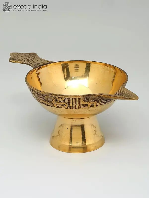 Exotic India 9" Handheld Ritual Diya In Brass 