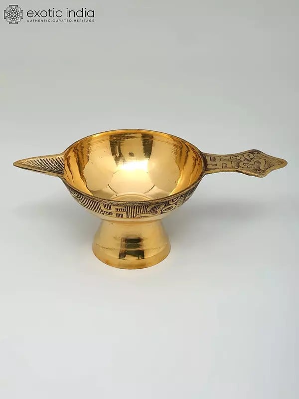 Exotic India 9" Handheld Ritual Diya In Brass 
