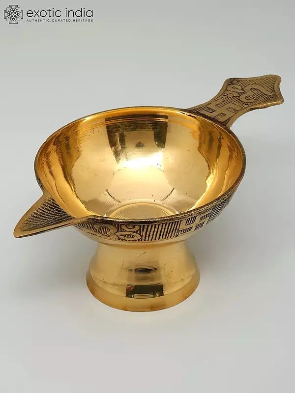 Exotic India 9" Handheld Ritual Diya In Brass 