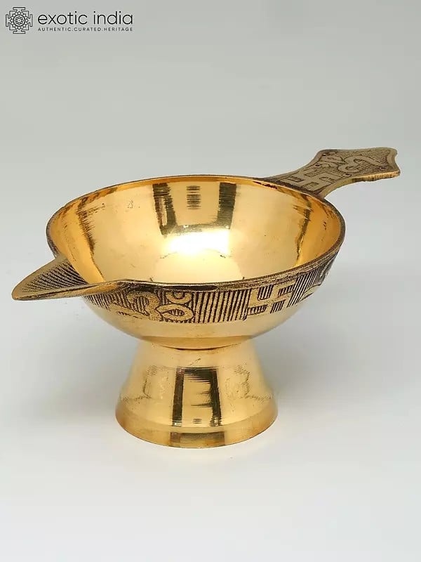 exotic india 9" Handheld Ritual Diya in Brass 
