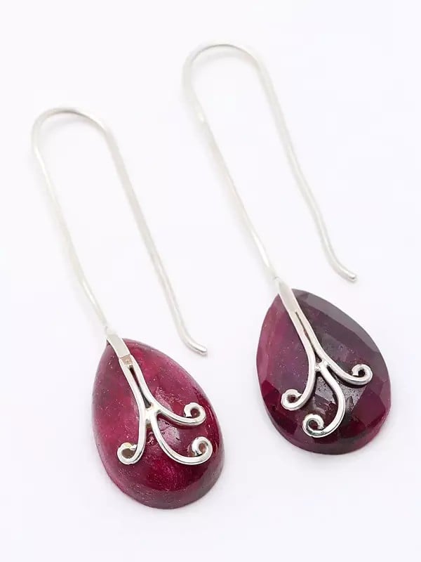 Exotic India Almond Shaped Ruby Long Hook Earrings