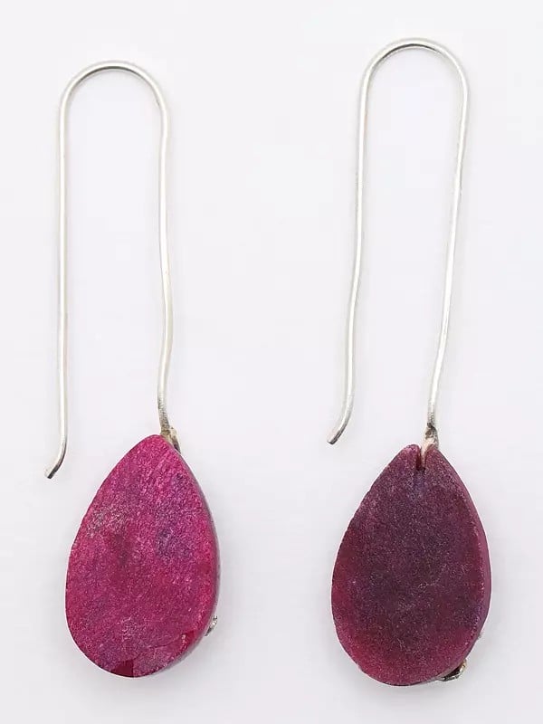 Exotic India Almond Shaped Ruby Long Hook Earrings