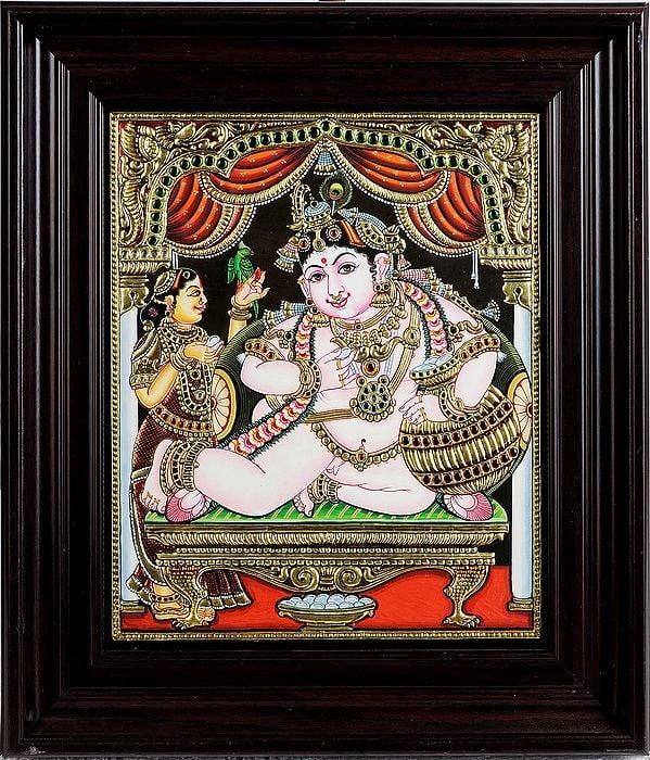 exotic india Baby Krishna Framed Tanjore Painting 