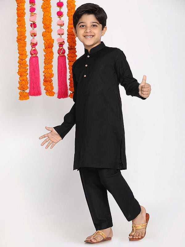 Exotic India Black Viscose Plain Kurta Pajama Set