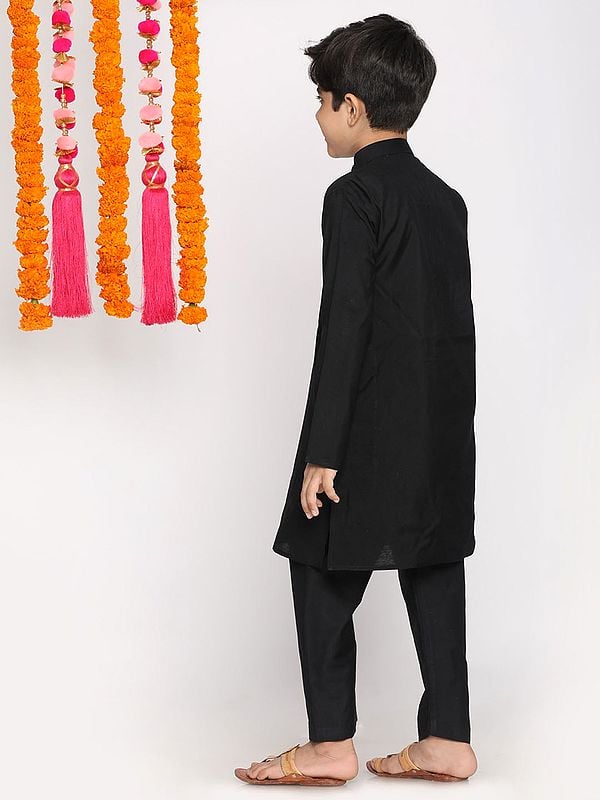 Exotic India Black Viscose Plain Kurta Pajama Set