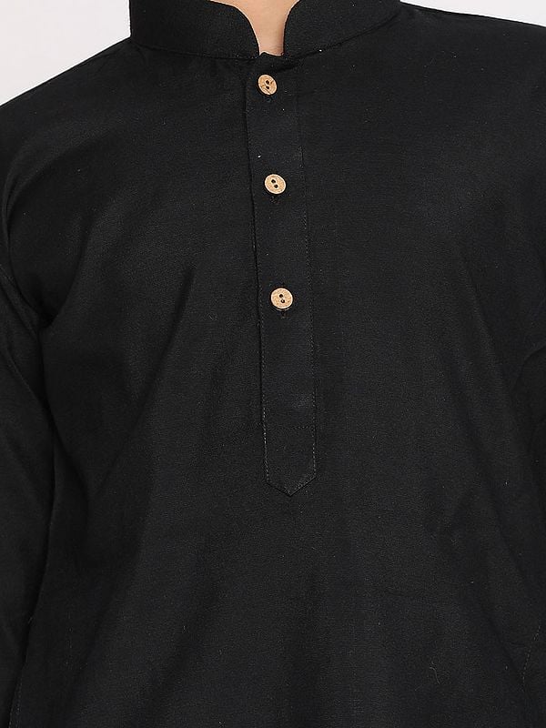Exotic India Black Viscose Plain Kurta Pajama Set