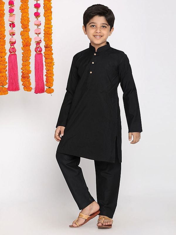 exotic india Black Viscose Plain Kurta Pajama Set 