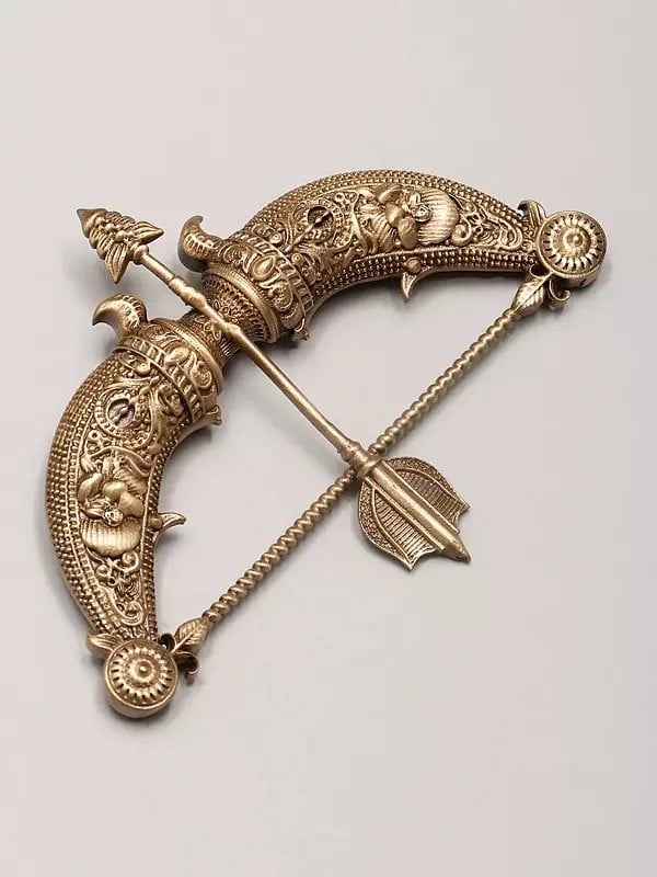 Exotic India Bow And Arrow Carved Brass Brooch 