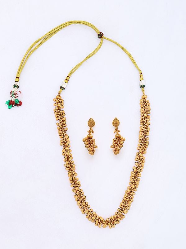 exotic india Brass Beaded Mala with Earrings Set 