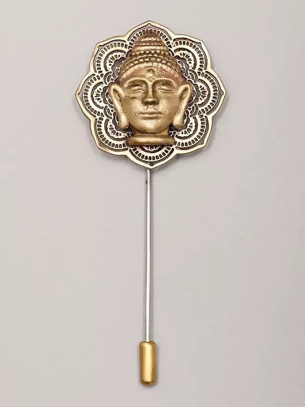 exotic india Buddha Face Carved Brass Lapel Pin 
