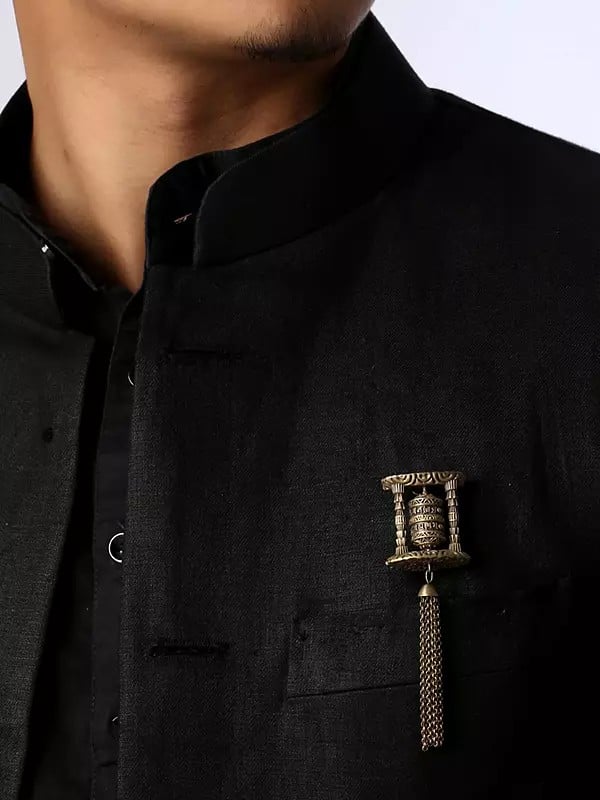 Exotic India Buddhist Prayer Wheel Brass Brooch 