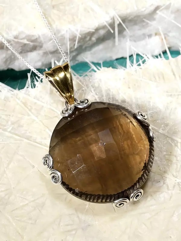 Exotic India Circular Faceted Smoky Quartz Pendant 