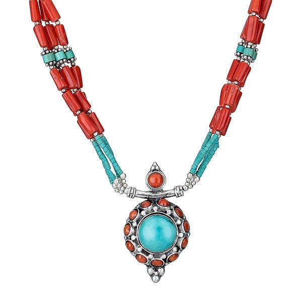 Exotic India Coral And Turquoise Necklace
