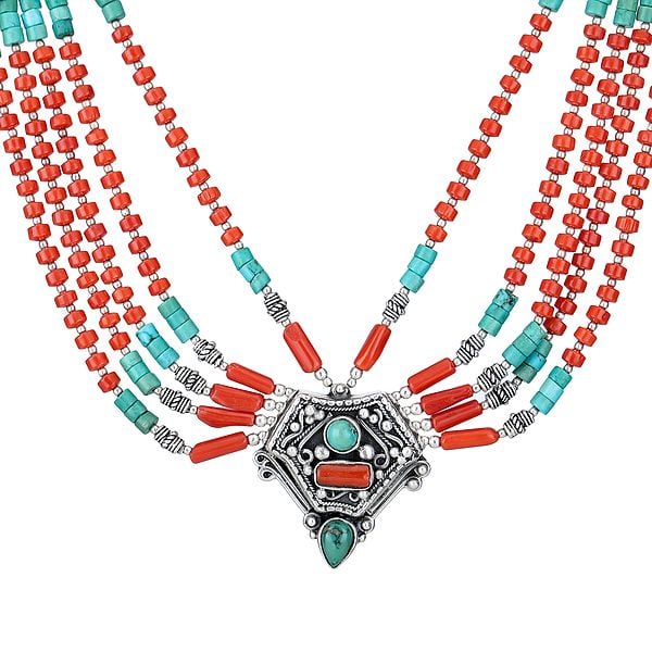 Exotic India Coral And Turquoise Necklace