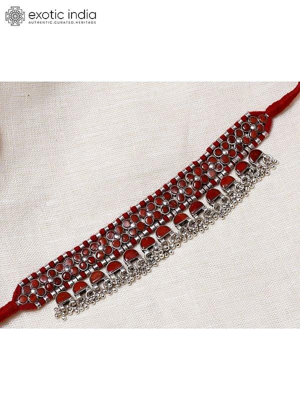 Exotic India Coral Choker With Silver Ghungroo 
