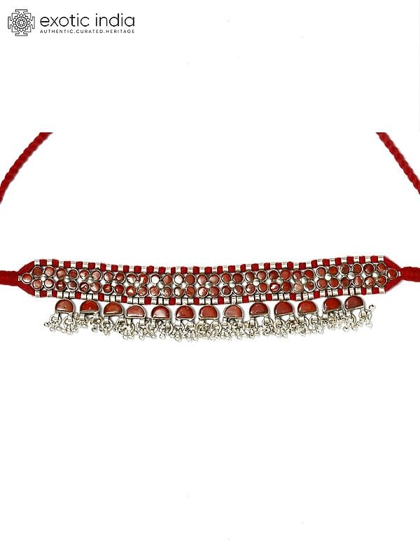 exotic india Coral Choker with Silver Ghungroo 