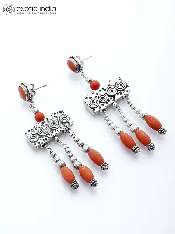 Exotic India Coral Gemstone Dangle Earrings