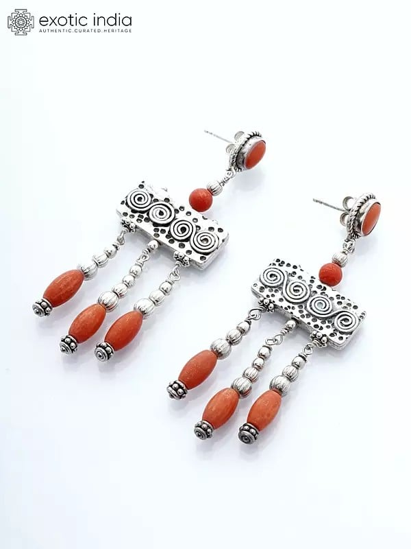 Exotic India Coral Gemstone Dangle Earrings