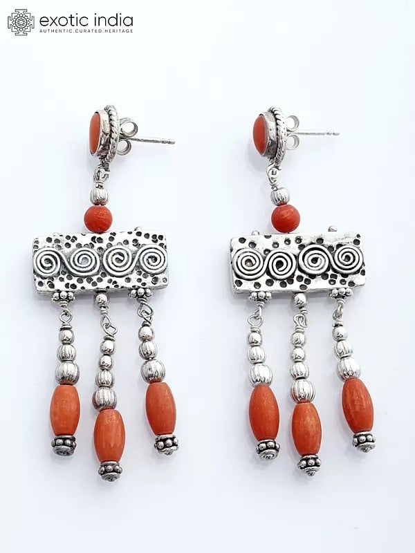 exotic india Coral Gemstone Dangle Earrings