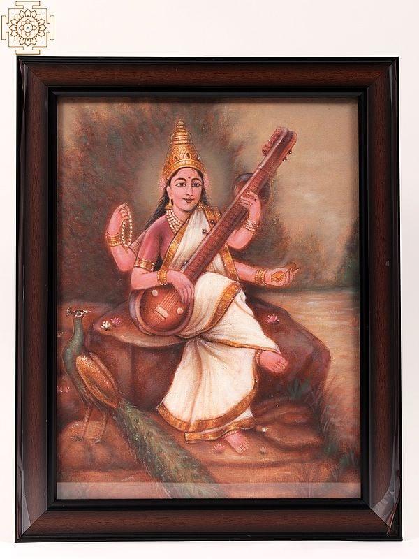 exotic india Devi Saraswati | Framed Oil Painting 