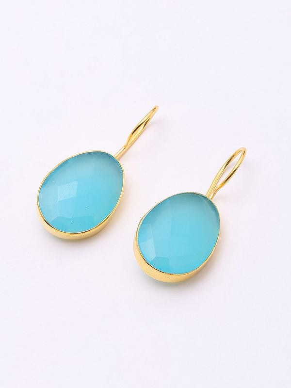 Exotic India Faceted Aqua Chalcedony Hook Earrings 