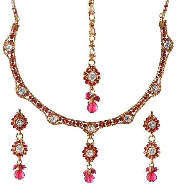 exotic india Faux Ruby Necklace Set with Mang Tika