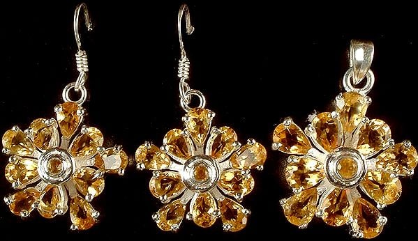 exotic india Fine Cut Citrine Pendant & Earrings Set 
