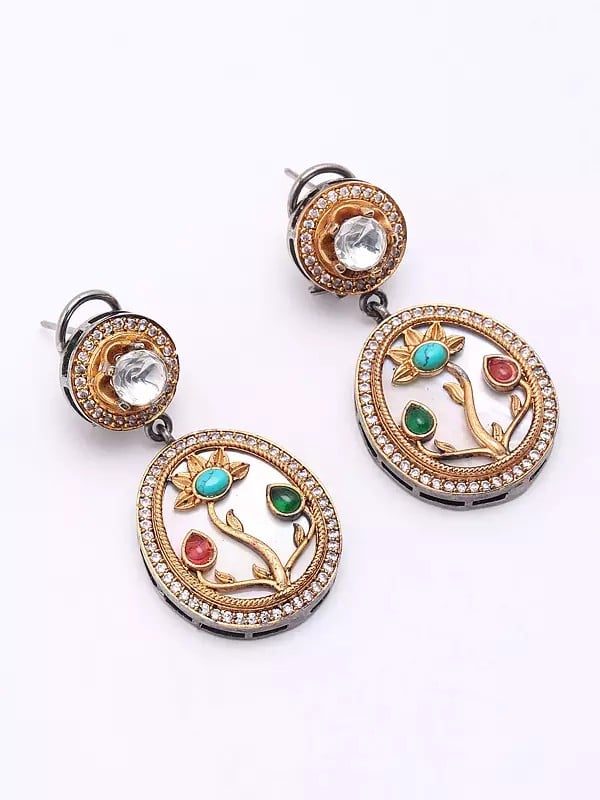 Exotic India Floral Design Mop Dangle Earrings 