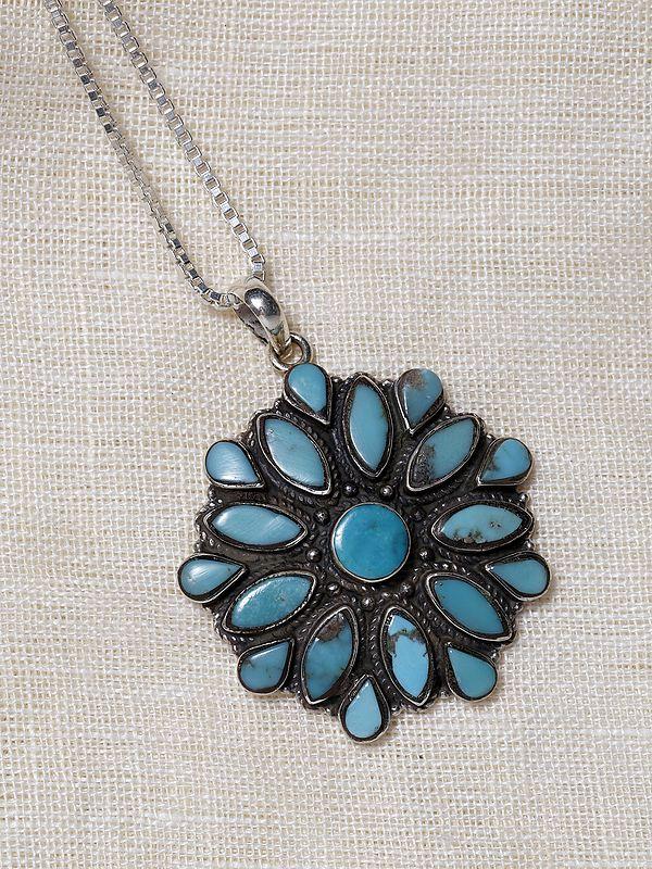 Exotic India Floral Persian Turquoise Pendant 