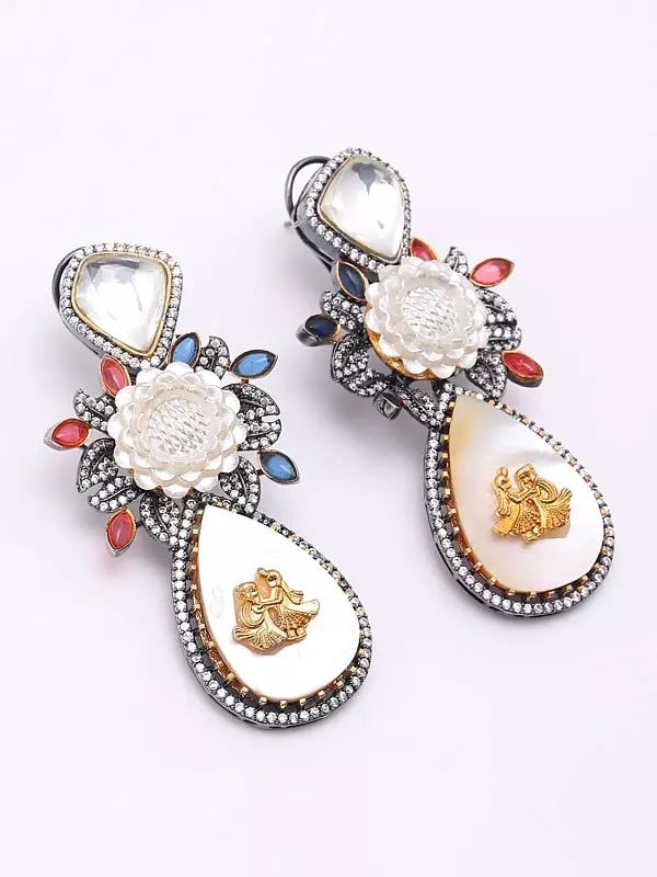 Exotic India Flower Design Dangling Mop Earrings 