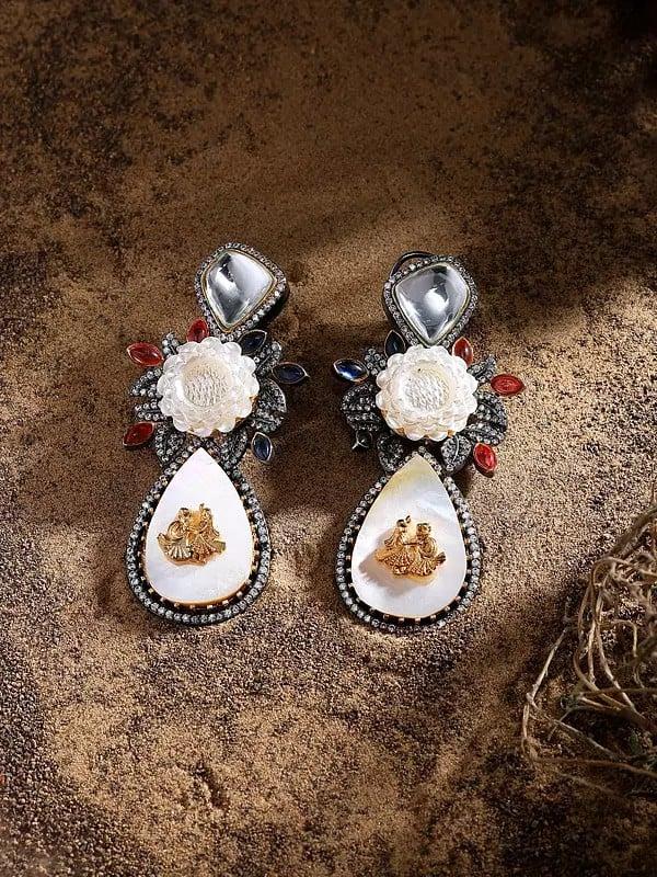 Exotic India Flower Design Dangling Mop Earrings 