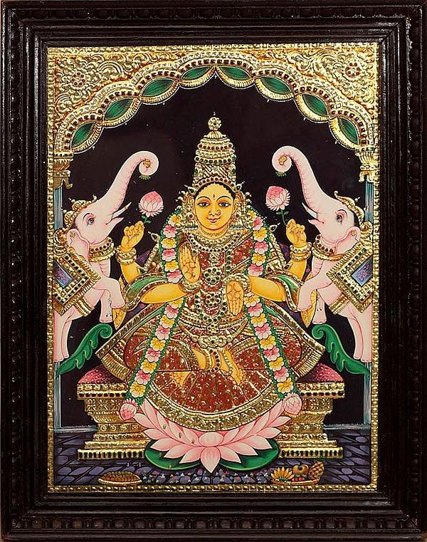 exotic india Gaja Lakshmi Tanjore Painting (Framed) 